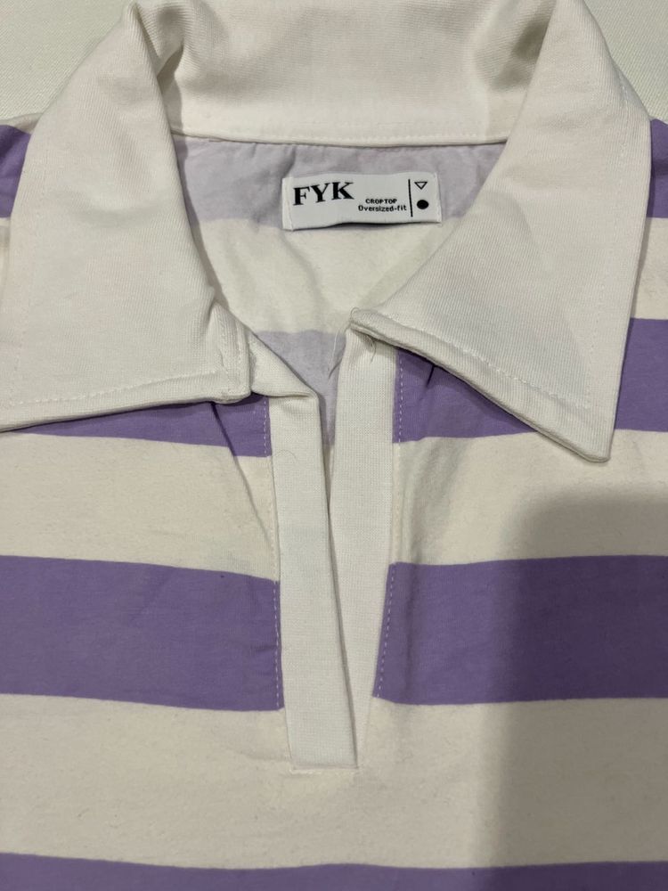 Lavender And White Strip Crop Polo Top