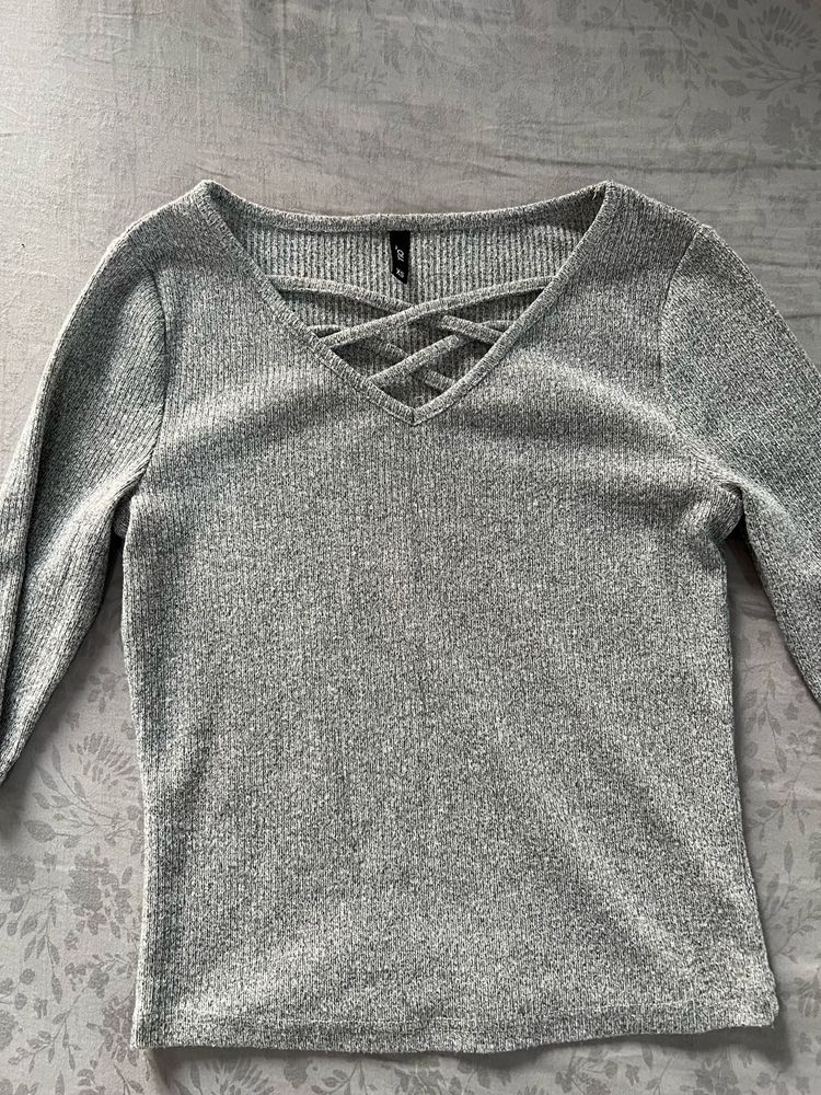 Grey Crisscross Long Sleeve Fitted Top