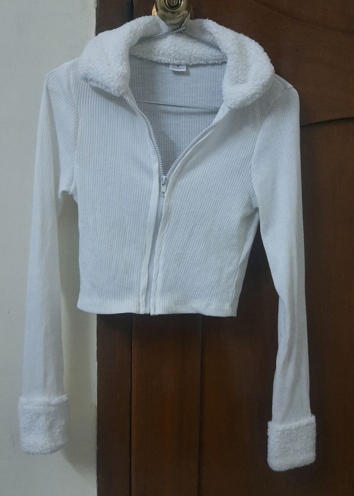 White Crop Soft Fur Jacket