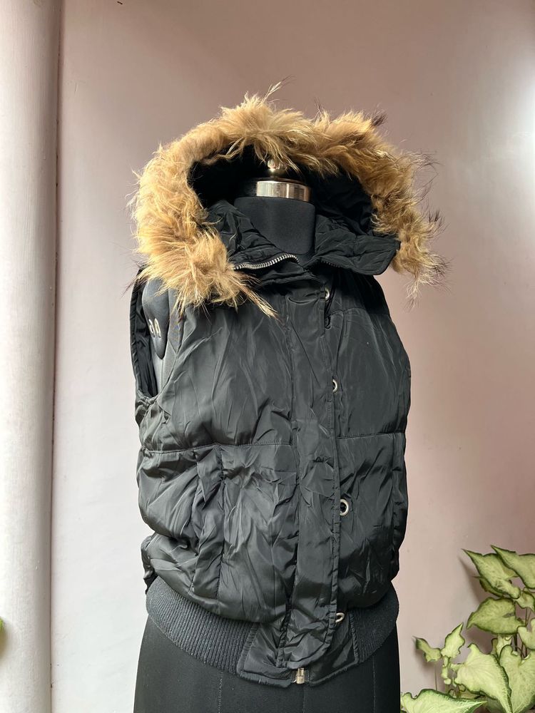 Black Puffer Vest with Fur Hood