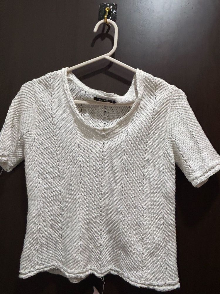 White Knit Short Sleeve Top Size S