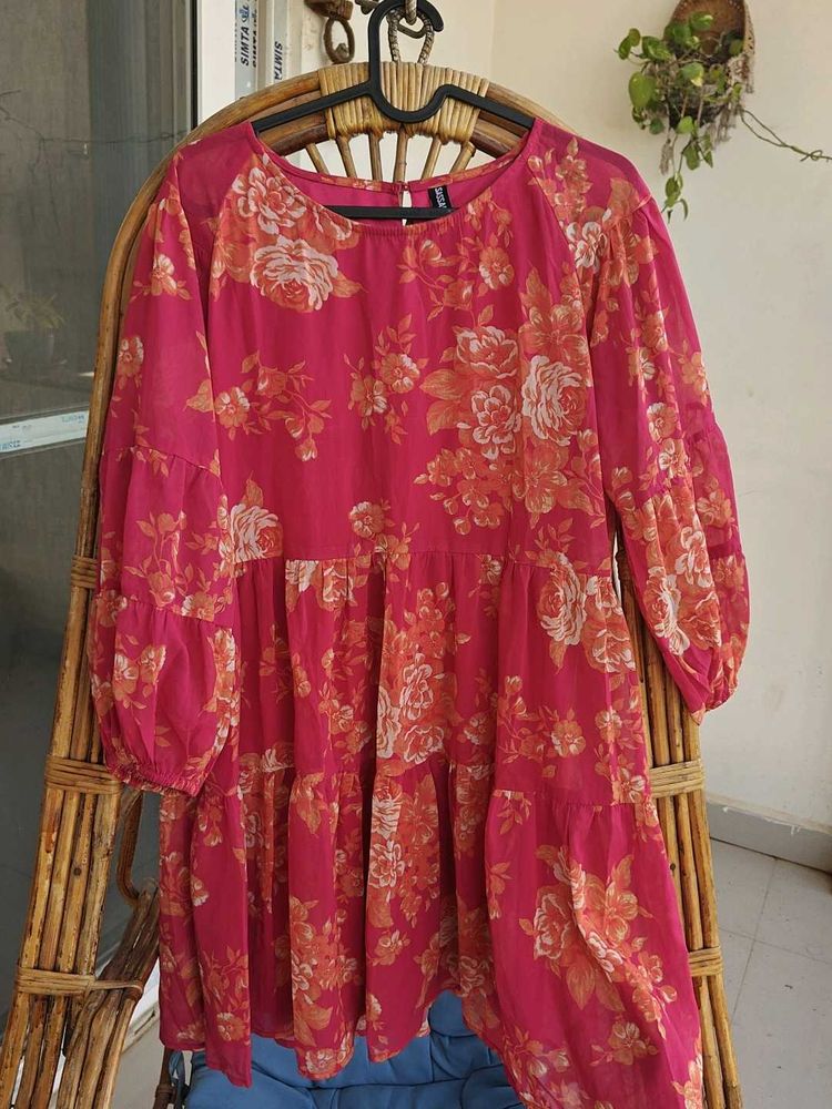 Pink Floral Flowy Dress With Full Sleeves