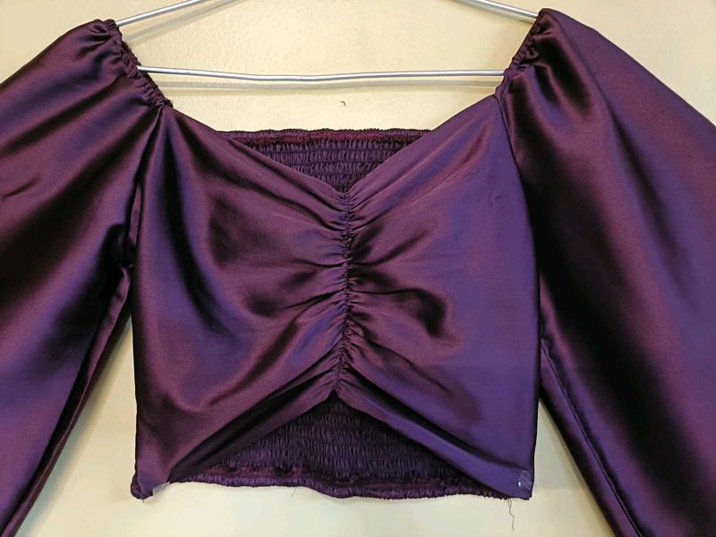 Purple Satin Ruched Crop Top