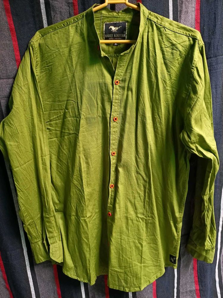 Olive Green Band Collar Shirt Men