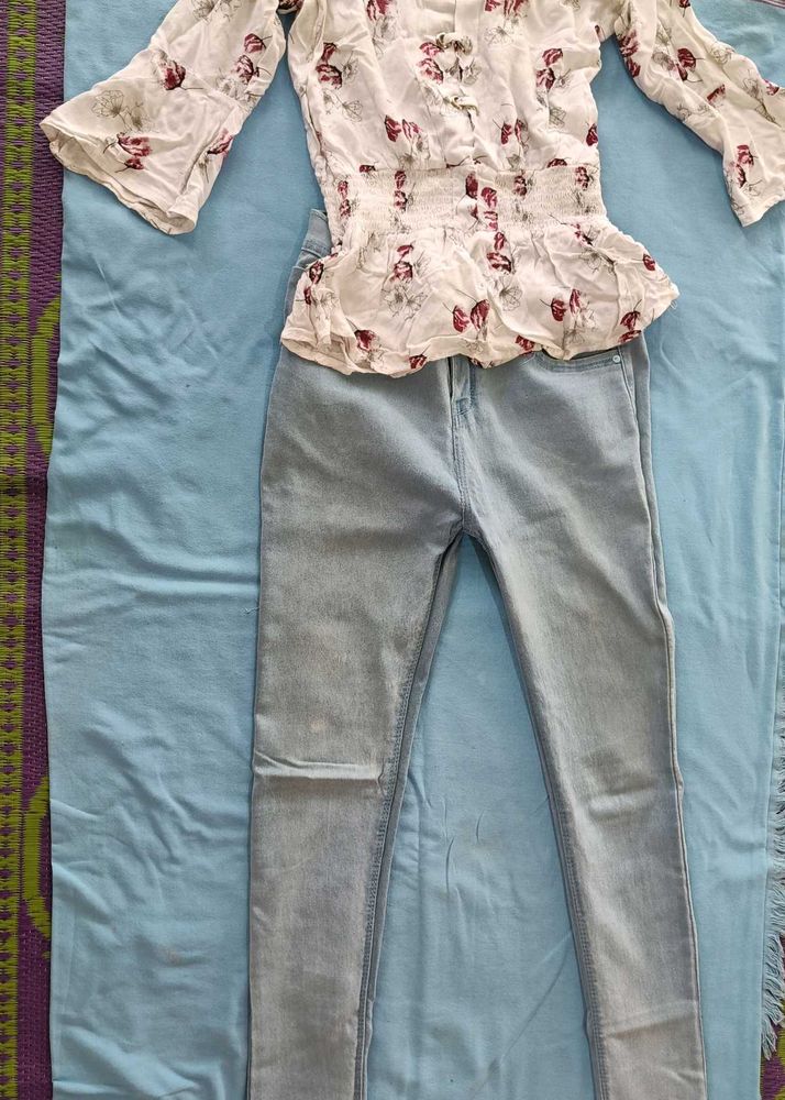 Floral Top &amp; Jeans Set