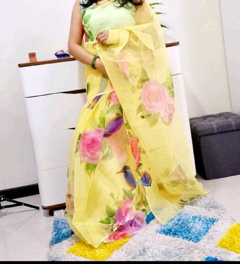 Lemon Yellow Digital Print Organza Saree