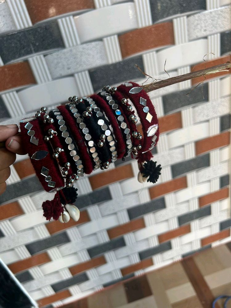 Maroon Black Mirror Work Woollen Bangals