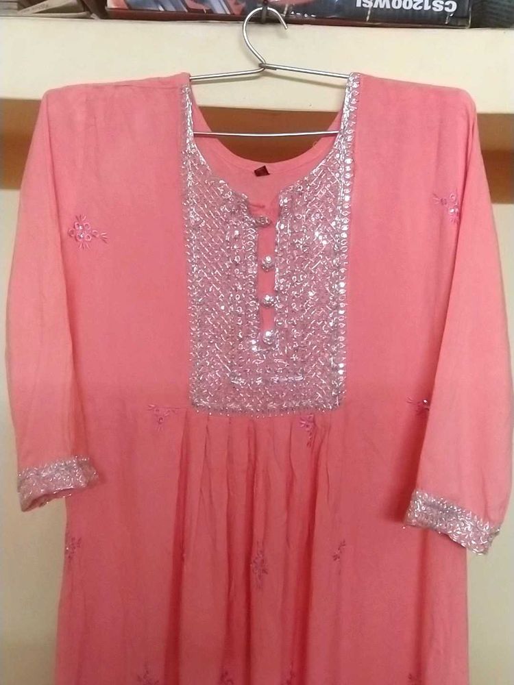 199 Only Elegant Peach Embroidered Kurti