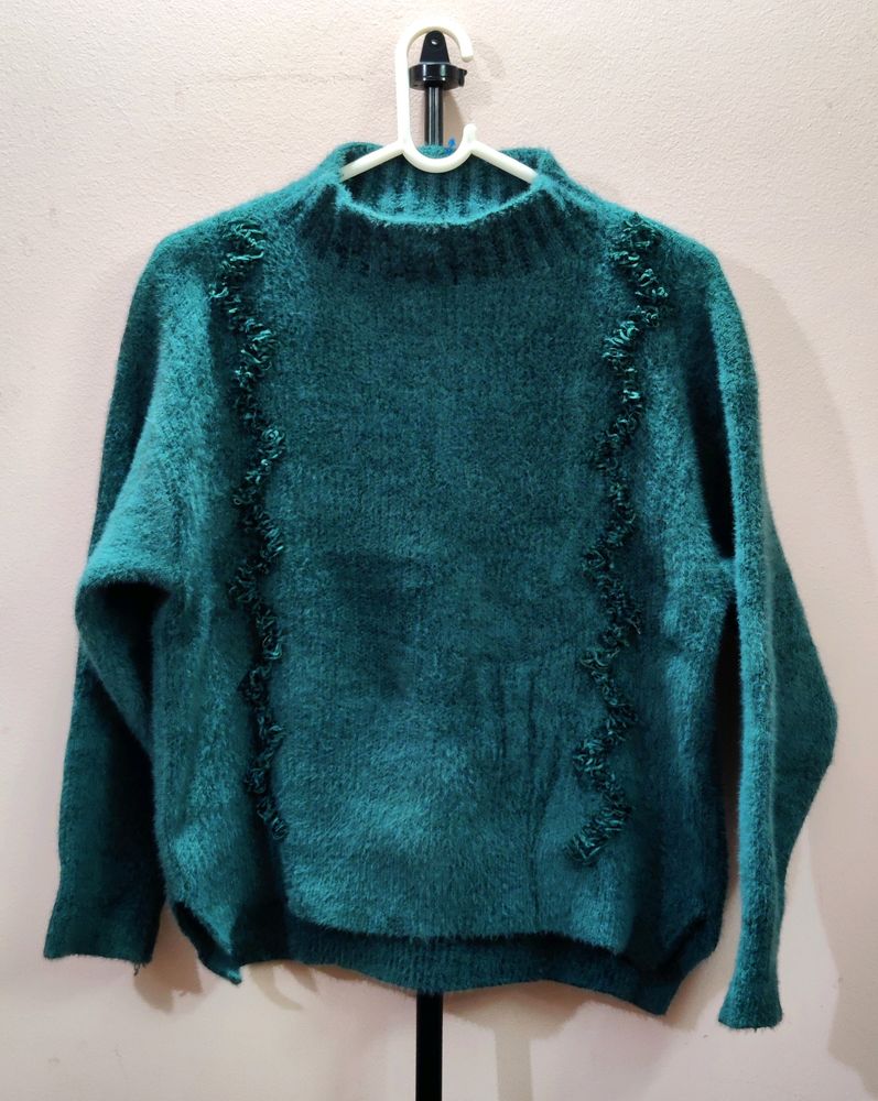 womens imported teal-color high-neck fuzzy sweater