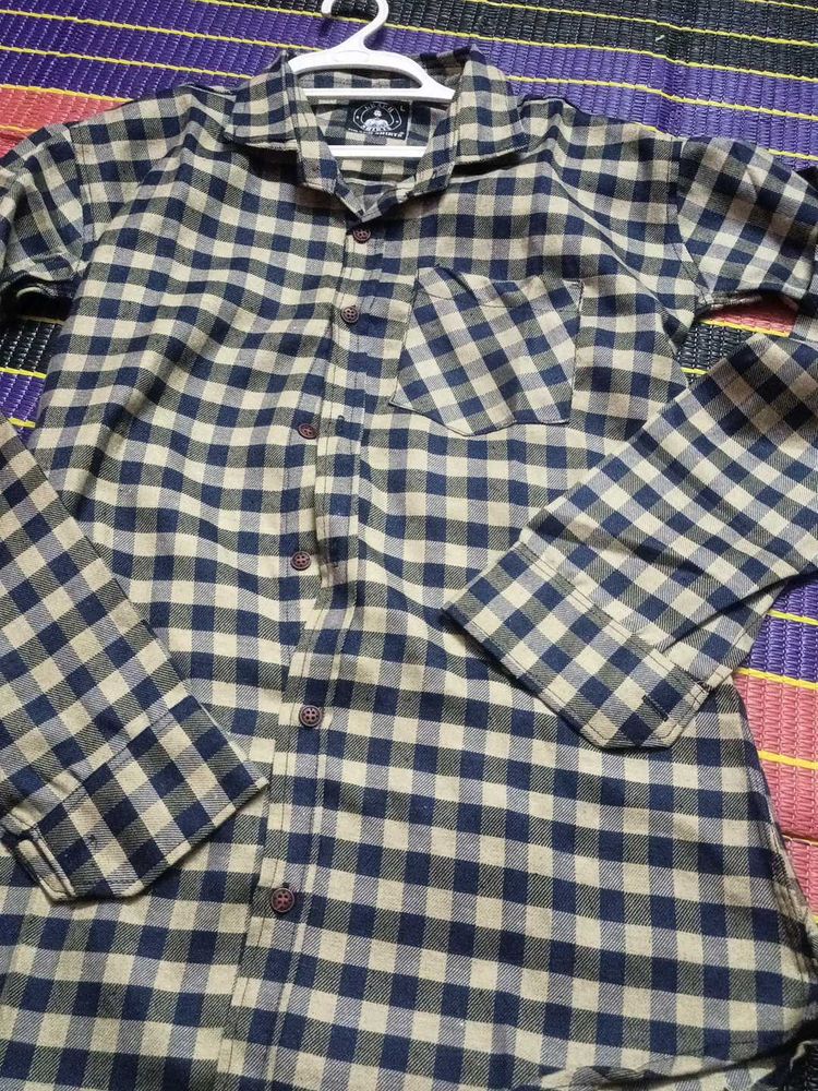 Blue &amp; Beige Checkered Flannel Shirt