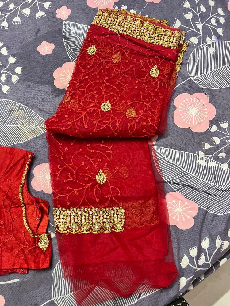 Red Embroidered Saree with Blouse