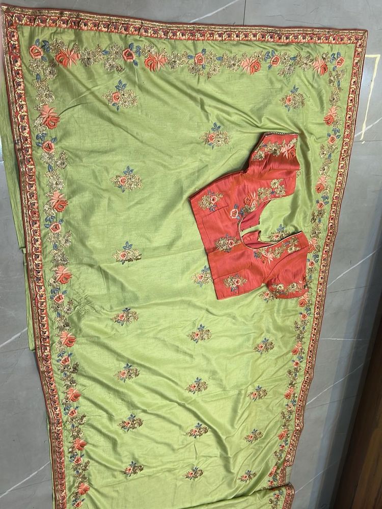 Elegant Green Floral Embroidered Saree