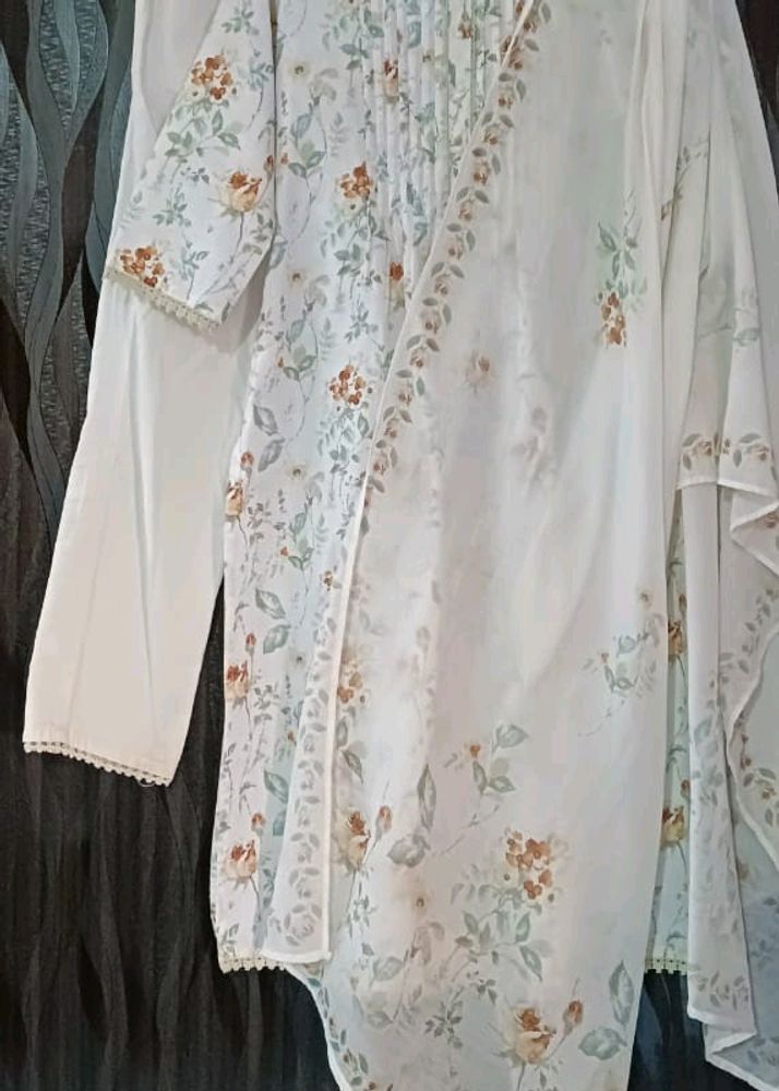 Pure White Cotton Kurta With Pant &amp; Dupatta