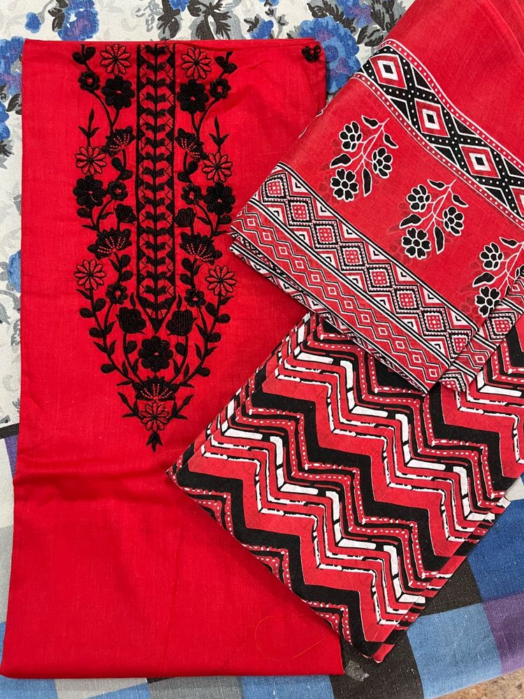 Red Embroidered Dress Material