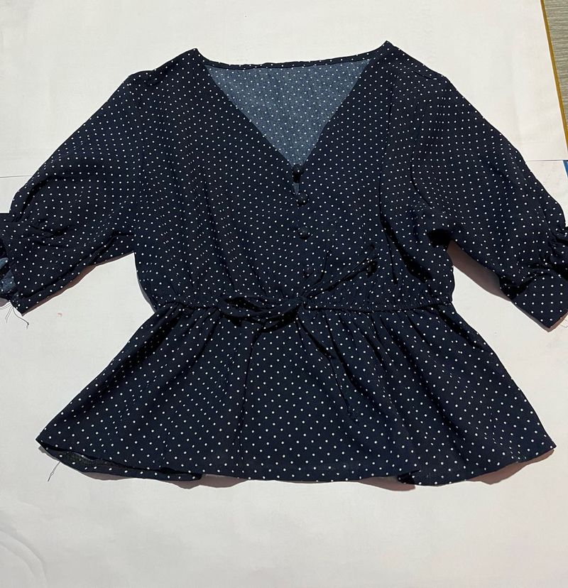 Navy Blue Polka Dot Peplum Top