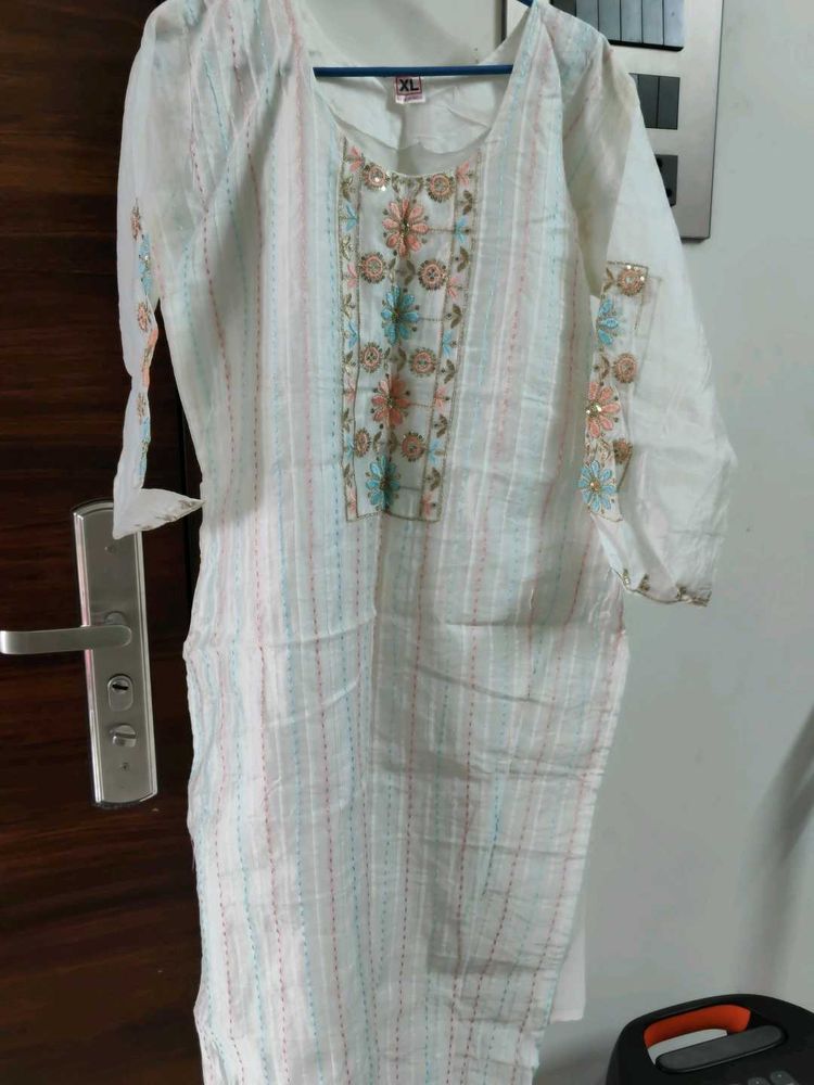 White with Pink Embroidery Kurta Set