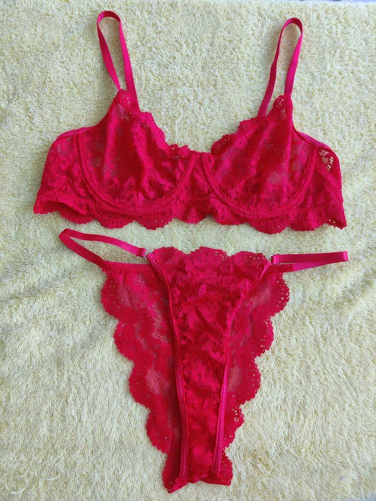 Red See-through Women Bra Set
