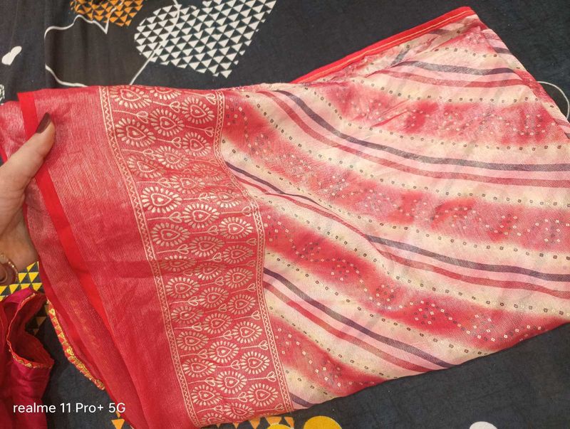 Pink &amp; White Synthetic Saree