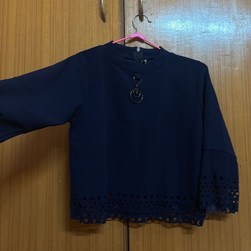 Navy Mock Neck Bell Sleeve Top