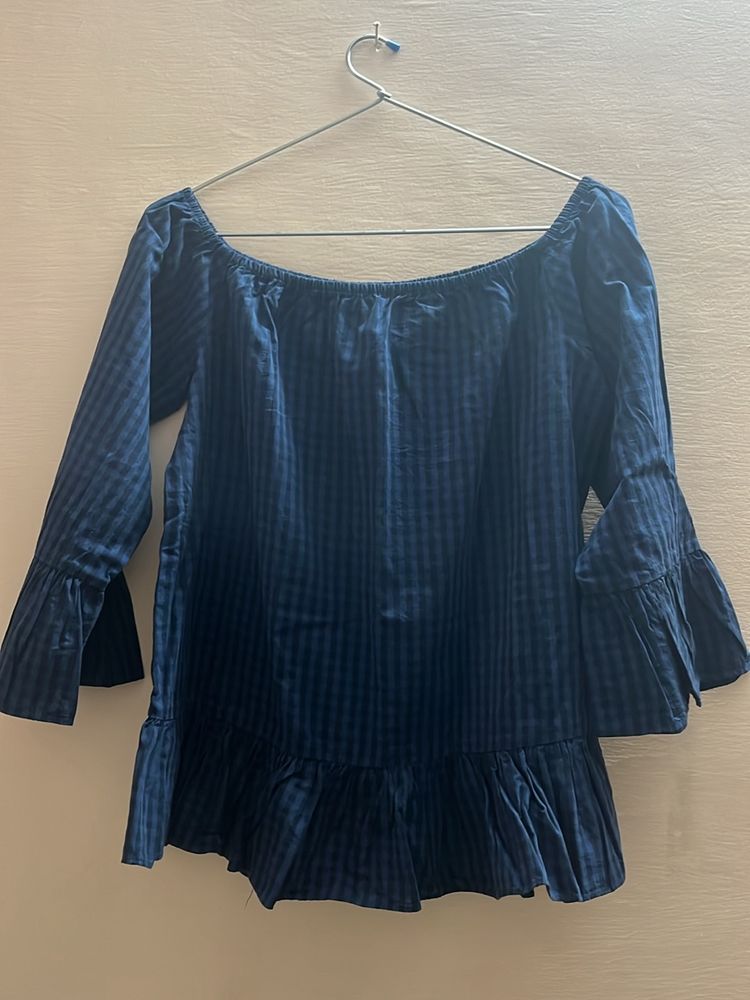 Blue Check Off-shoulder Cotton Top