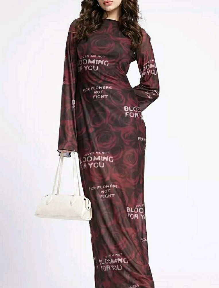 Burgundy Floral Mesh Maxi Dress