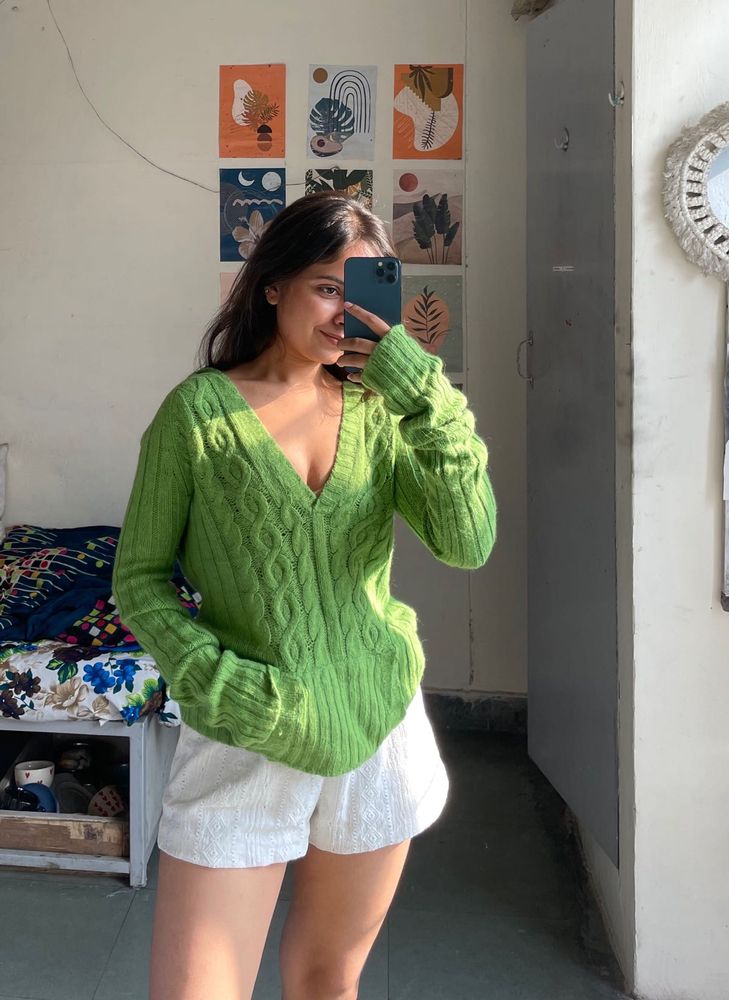 Green V-Neck Knit Sweater