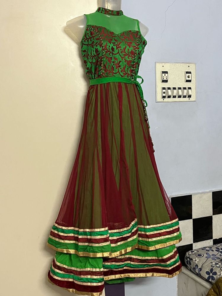 Green &amp; Maroon Anarkali Dress