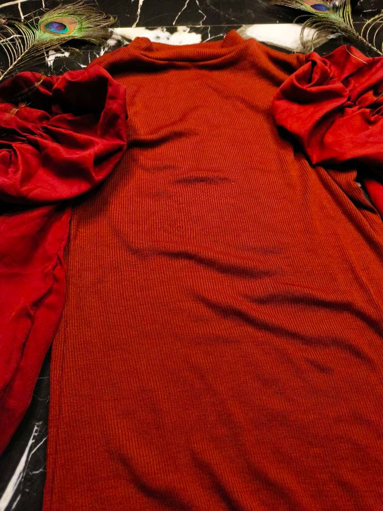 Rust Ribbed Top w/ Velvet Sleeves