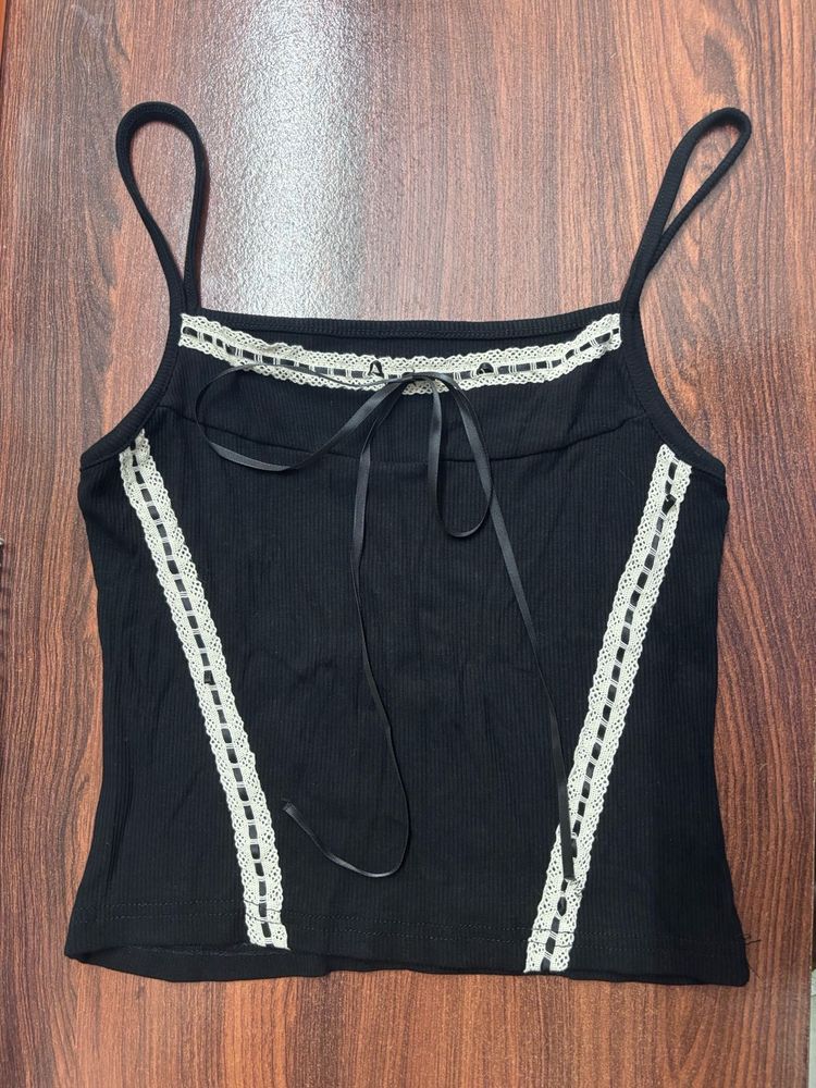 Korean Black Lace Trim Cami Top