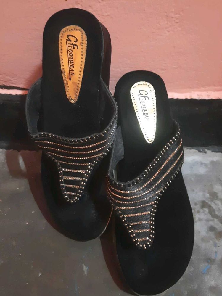 Black Embellished CF Footwear Wedges
