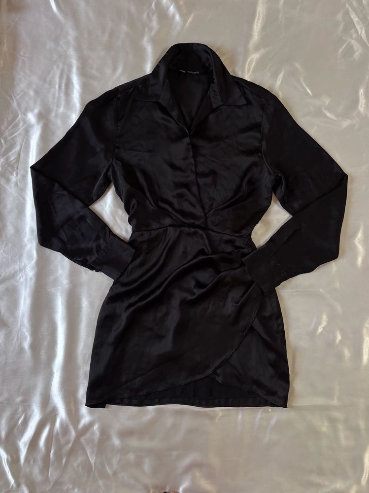 Zara Satin Black Wrap Mini Dress