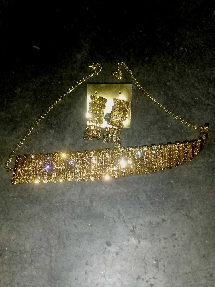 Gold Rhinestone Necklace &amp; Earring Set