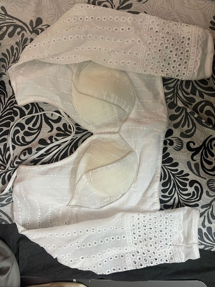 Pure Cotton White Elbow Sleeve Blouse