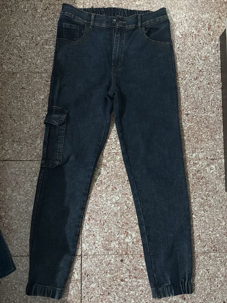 Dark Wash Denim Cargo Joggers