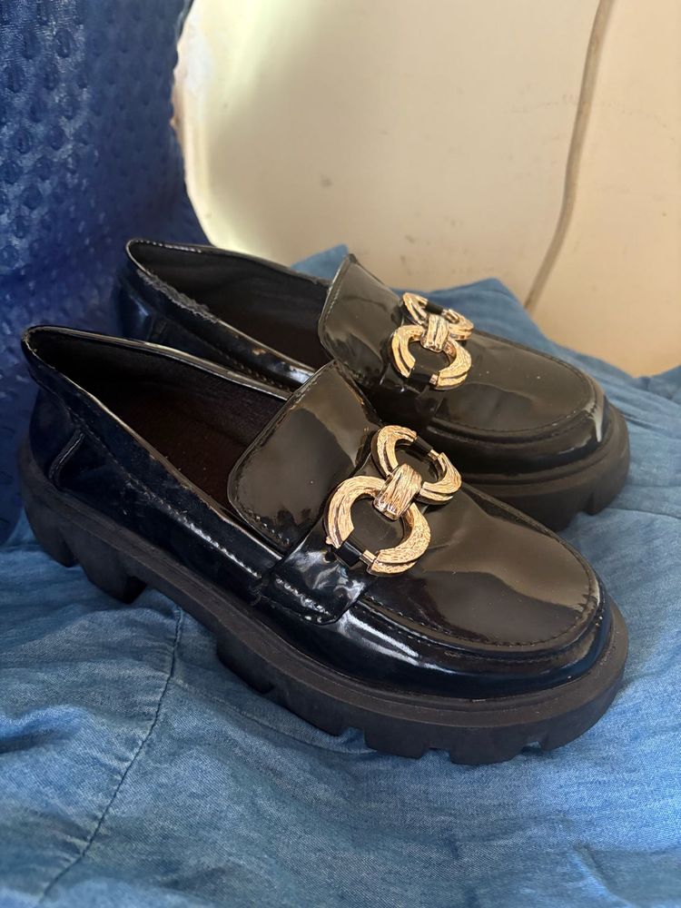Chunky Black Loafers with Gold Detail
