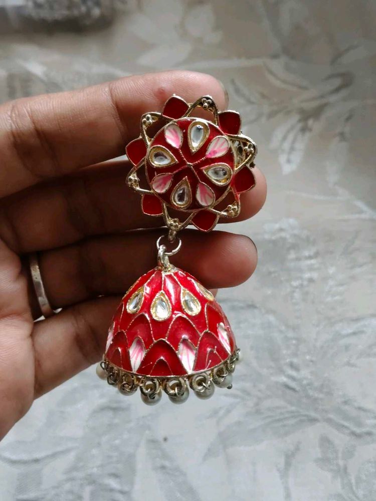 Red Enamel Jhumka Earrings
