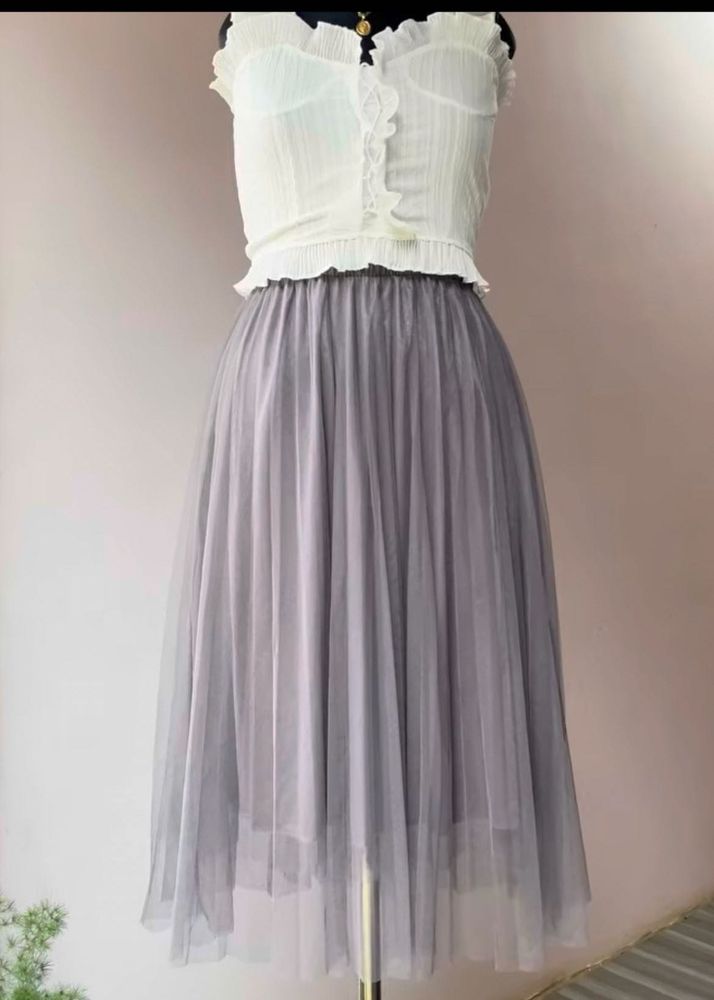 Gray Tulle Midi Skirt