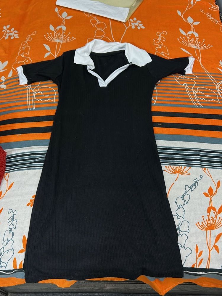 Black &amp; White Collar Midi Dress