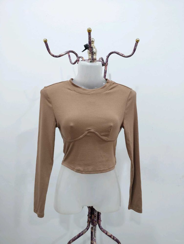 Tan Long Sleeve Crop Top