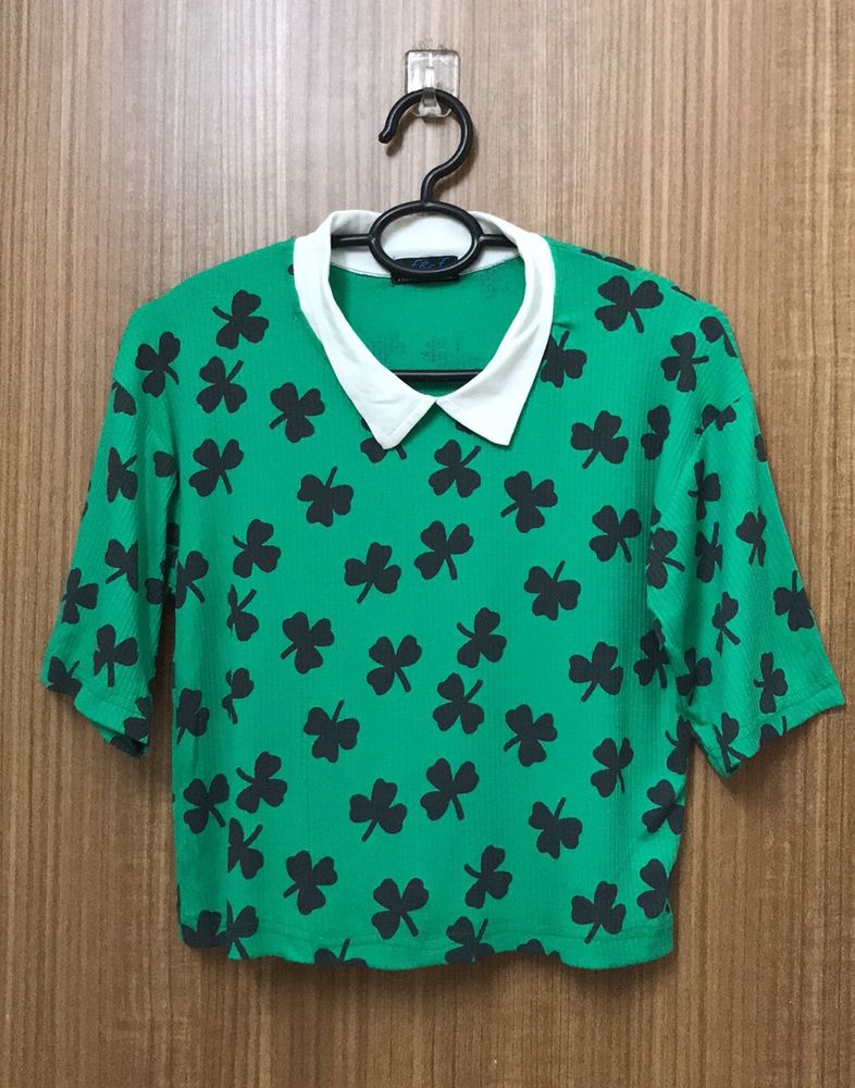 Lucky Clover Leaf White Collar T-shirt For Women