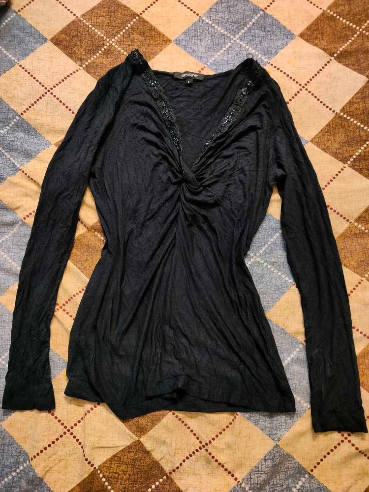 Black Embellished V-Neck Top