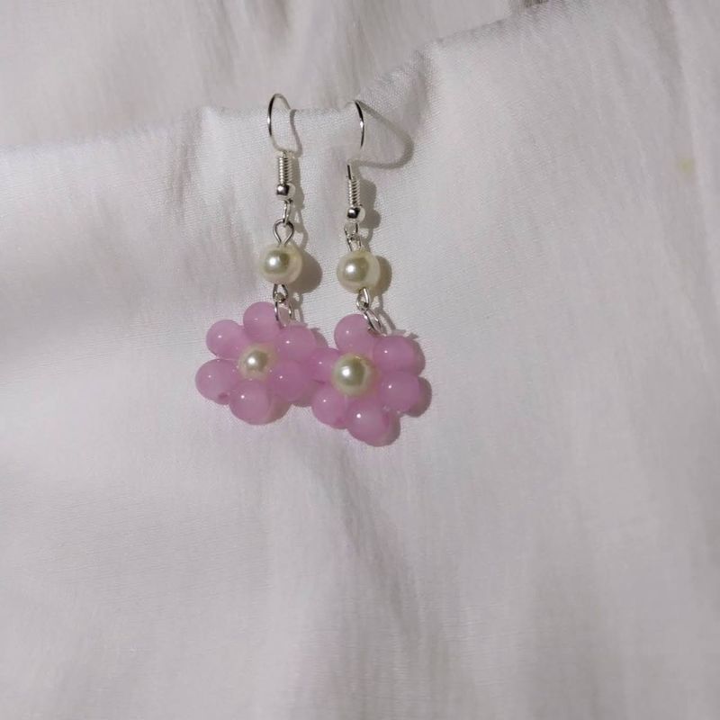 Pink Flower Beaded Dangle Earrings