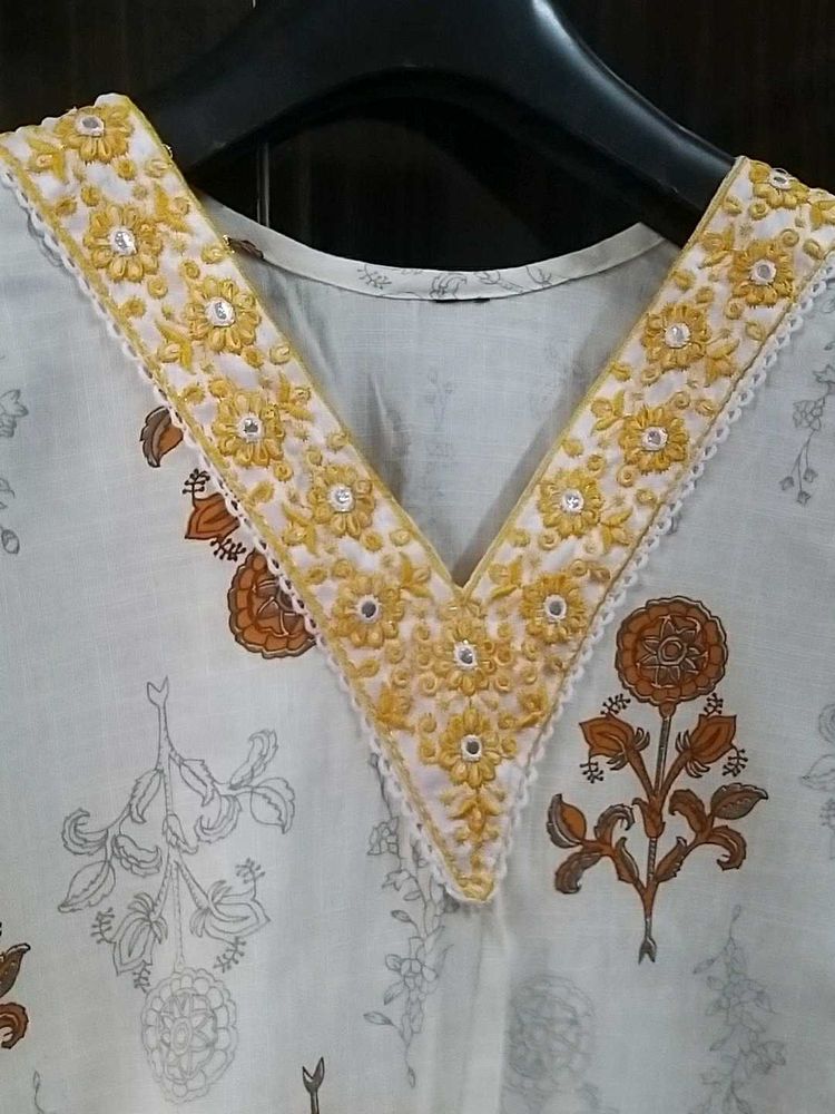 Floral Print Top with Embroidered Neckline