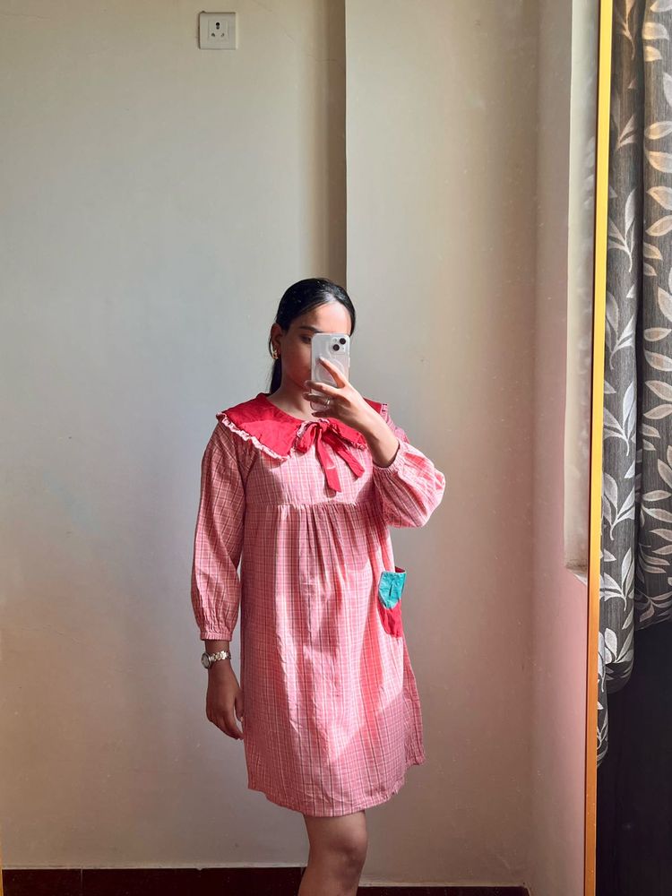 Pink Gingham Dress with Collar
