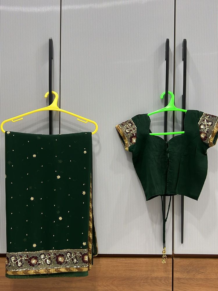 Green Saree with Embellished Blouse
