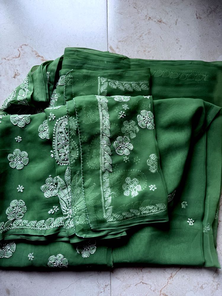 Unused Leaf Green Lukhnowi Work saree