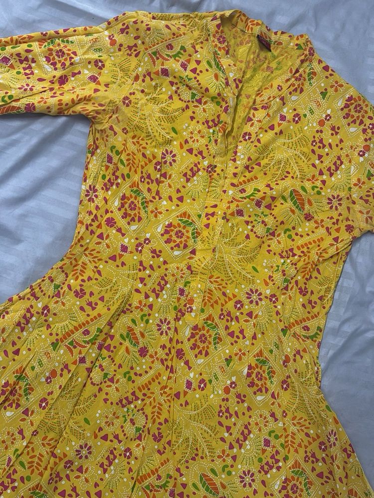 Yellow Printed Anarkali Suit