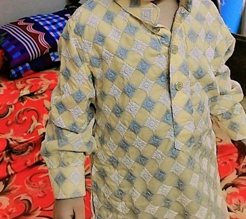 New Yellow Chikankari Punjabi/kurta For Baby, Kids With Collar And White Pants