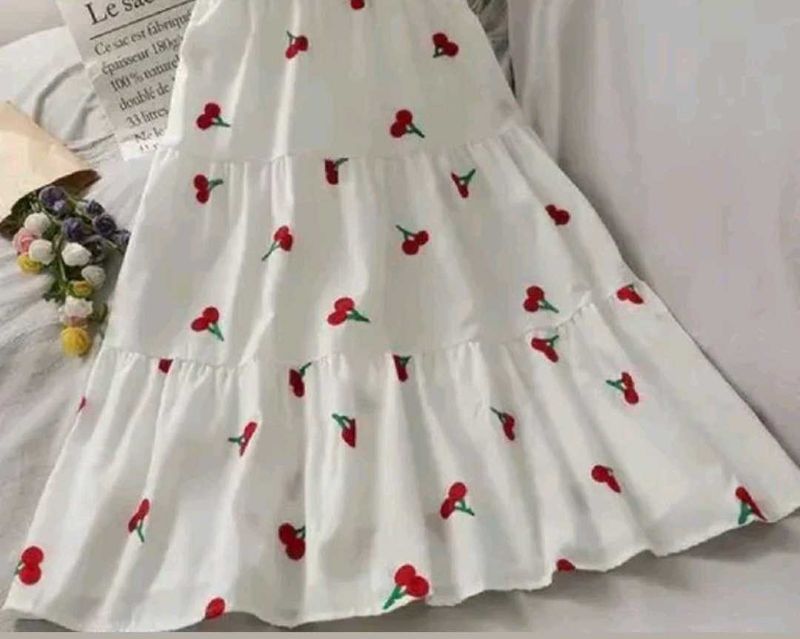 Cherry Print White Sundress  Skirt