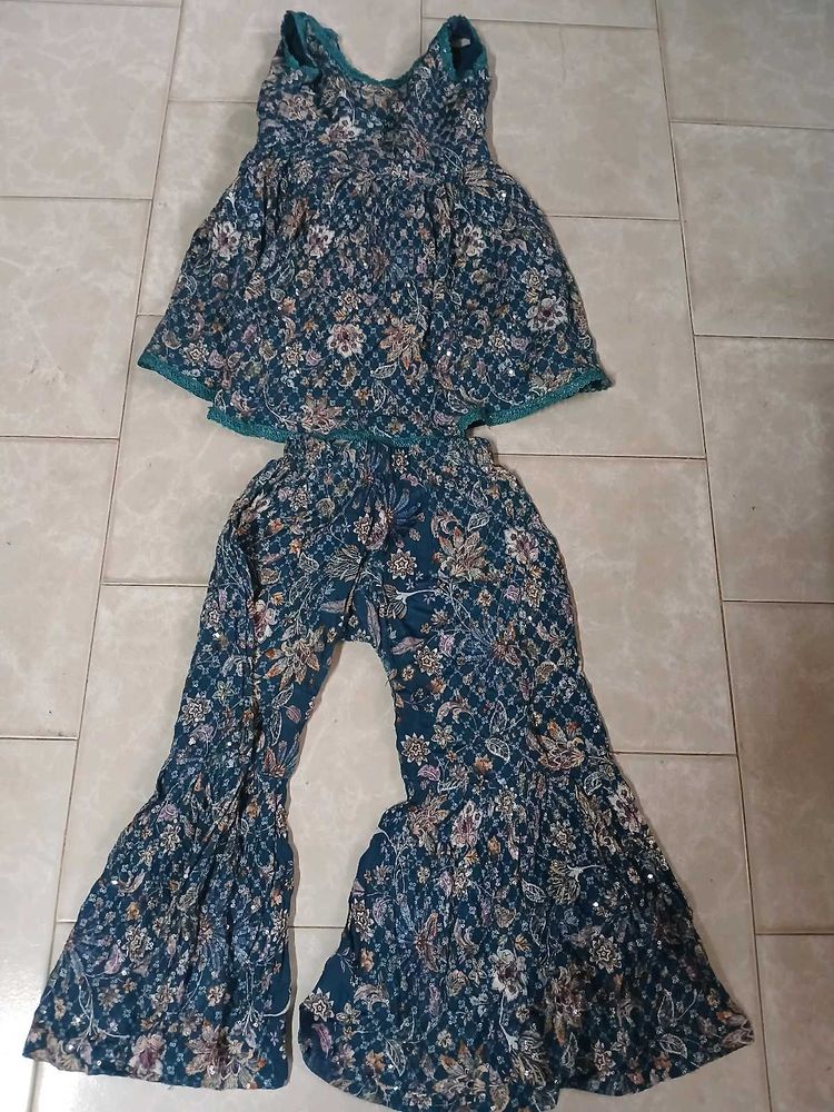 Teal Floral Sharara Set - Party Ready